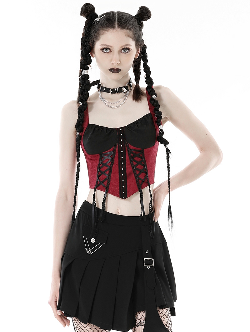 Black and Red Gothic Doll Overbust Wide Strap Corset Top for Women