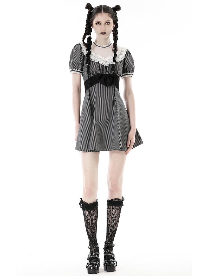 Black and White Stripe Cute Gothic Short Puff Sleeve Dress