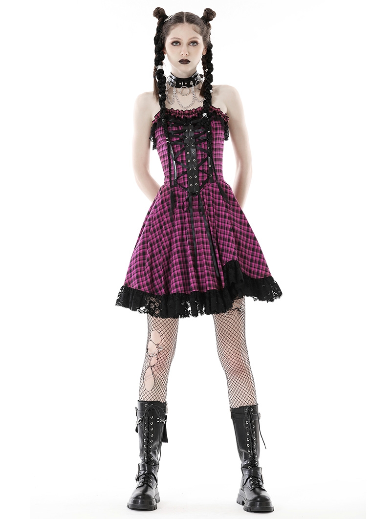 Pink Plaid Gothic Rebel Sweet Cool Strappy Short Dress