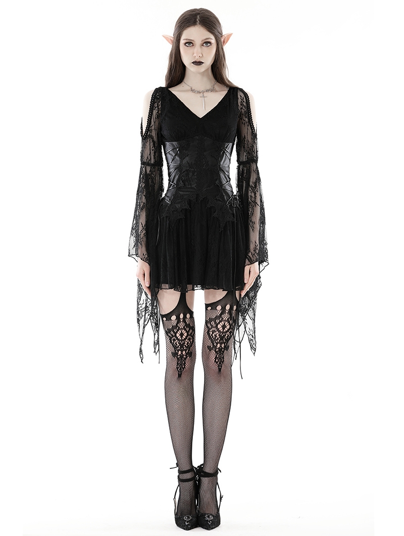 Black Gothic Locomotive Rebel Cold Shoulder Lace Short Dress