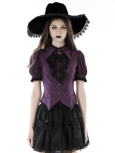 Purple and Black Gothic Frilly Collar Short Sleeve Blouse for Women
