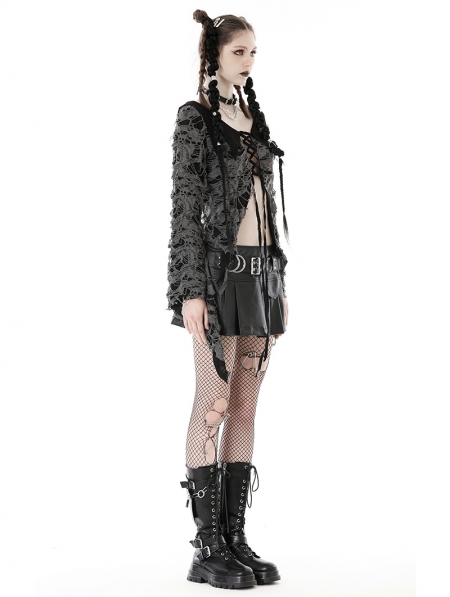 Black and Gray Gothic Decadent Shredded Lace Up Cardigan for Women ...