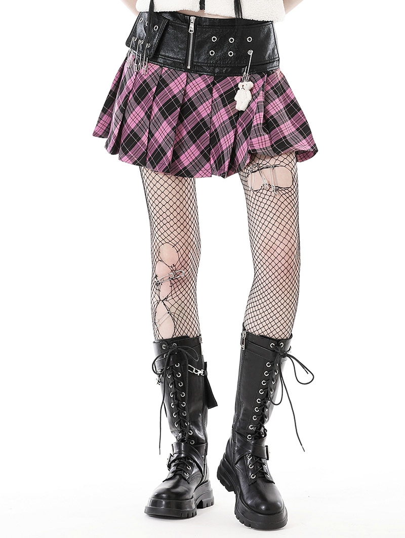 Pink and Black Plaid Gothic Grunge PU Bear Mini Skirt