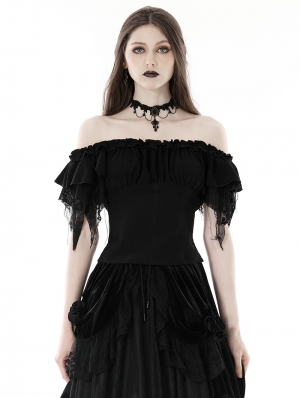 Black Gothic Lady Off-the-Shoulder Ruffle Sleeves Top for Women