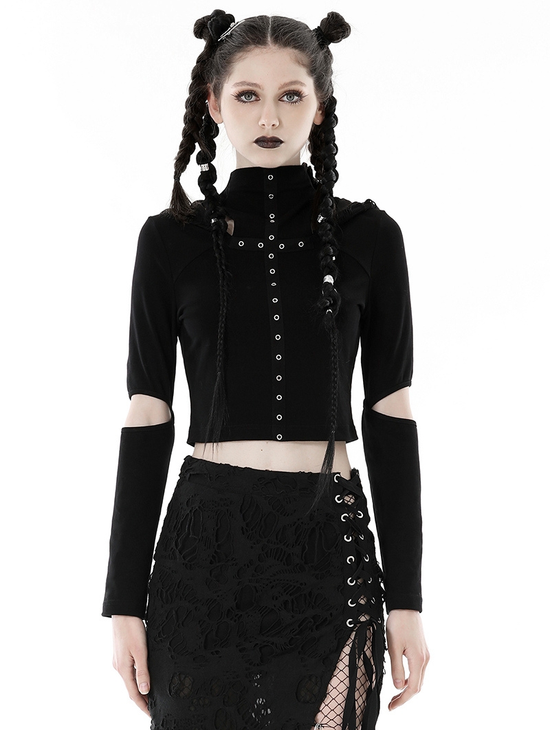 Black Gothic Punk Metal Eyelet Cross Hooded T-Shirt for Women