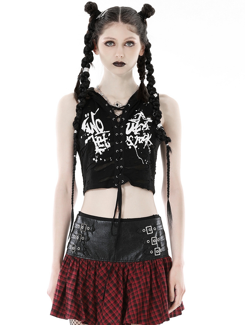 Black Gothic Punk Printed Cat Ear Hooded Short Top for Women