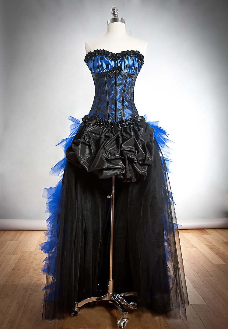 Blue and Black Gothic Burlesque Corset High-Low Party Dress