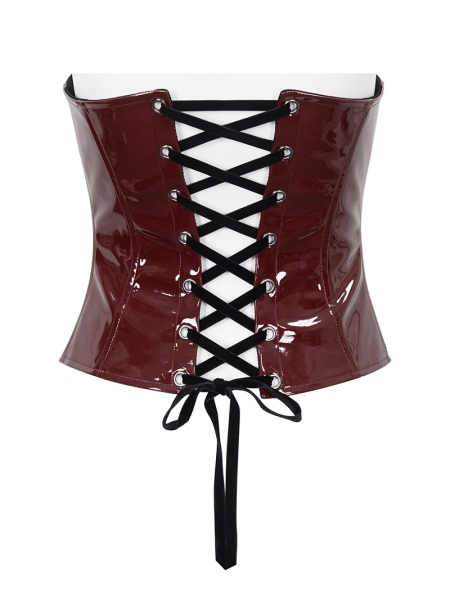 Devil Fashion Wine Red Gothic Lace Trim Leather Overbust Corset Top for  Women 