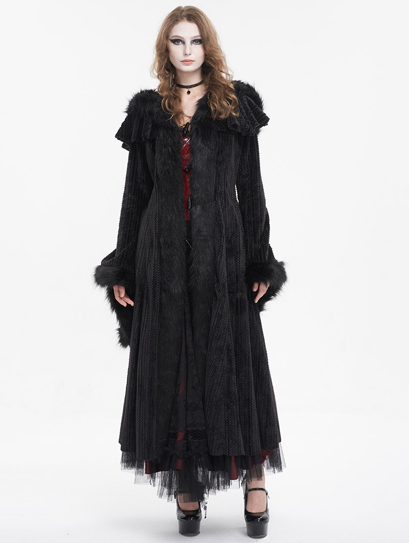 Black Gothic Vintage Fur Warm Hooded Long Cape Coat for Women