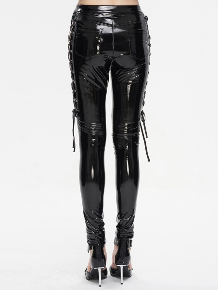Black Gothic Punk Skinny Side Hollow Leather Pants for Women ...