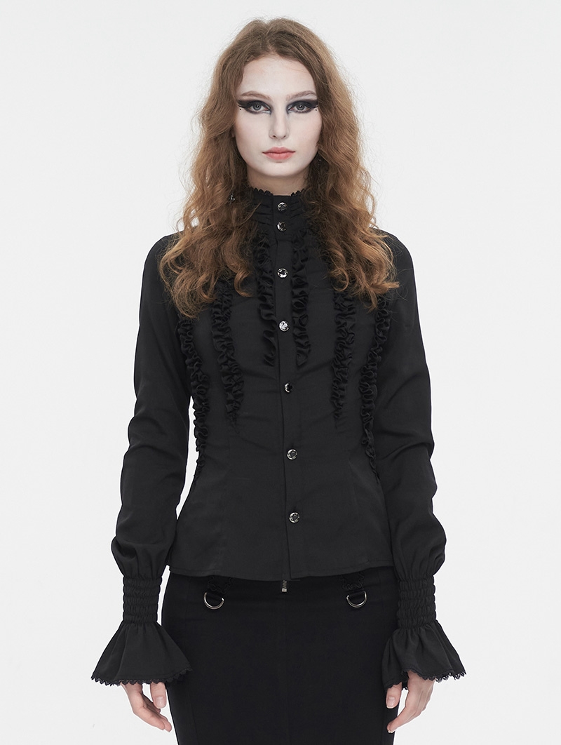 Black Gothic Retro Ruffles Long Sleeve Shirt for Women