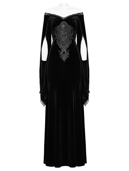 Black Vintage Gothic Gorgeous Velvet Lace Applique Long Party Dress ...