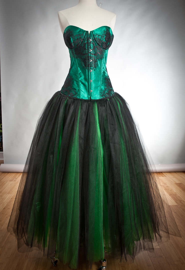 Green and Black Romantic Gothic Corset Prom Gown