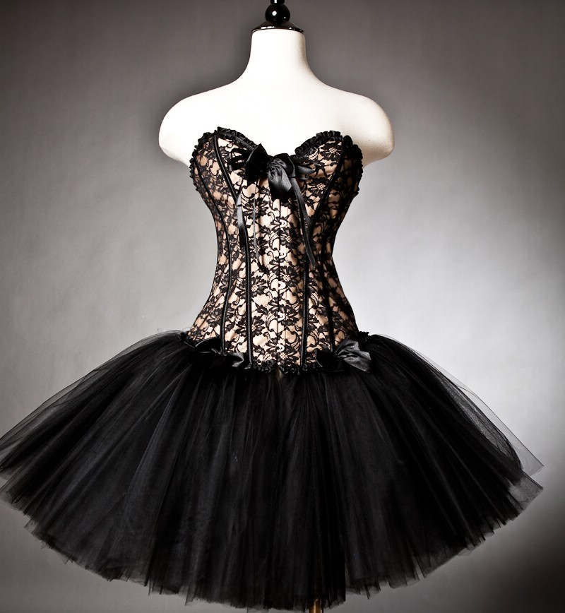 Black Lace and Tulle Gothic Burlesque Corset Prom Party Dress