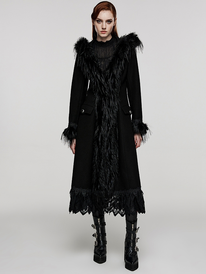 Black Gothic Gorgeous Fur Long Hooded Winter Coat for Women