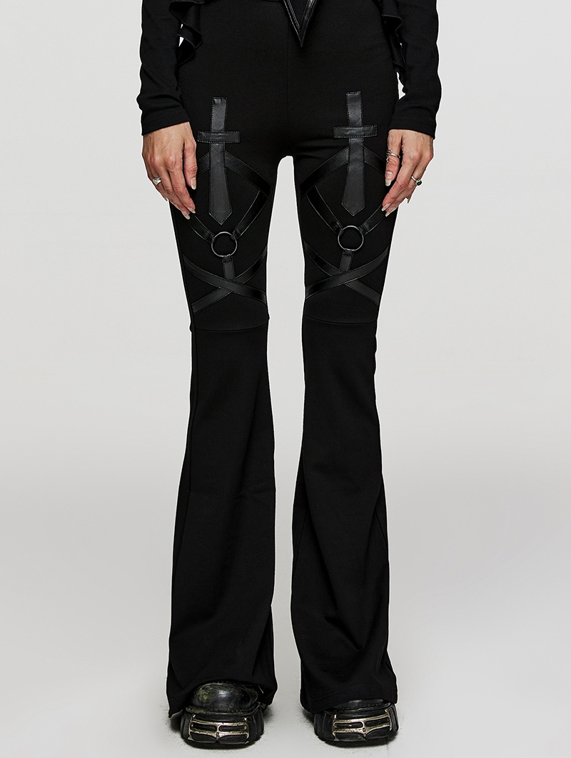 Black Gothic Punk Pattern Slim Fit Flared Trousers for Women