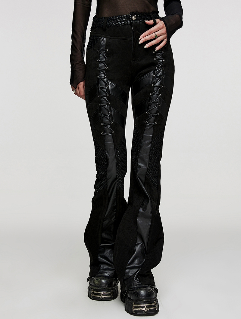 Black Gothic Punk Faux Leather Panel Flared Pants for Women