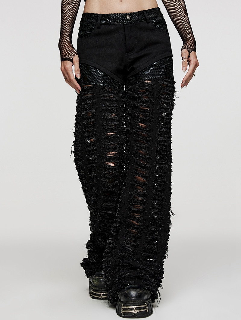 Black Gothic Punk Decadent Splicing Wide Leg Trousers for Women