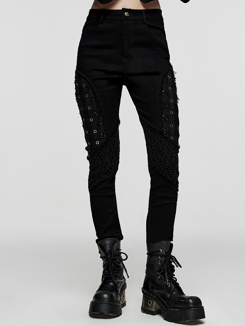 Black Gothic Punk Segmental Tapered Cage Pants for Women