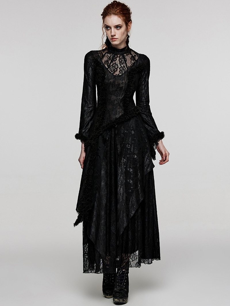 Black Gothic Floral Lace Multiple Layers Long Slim Fit Dress