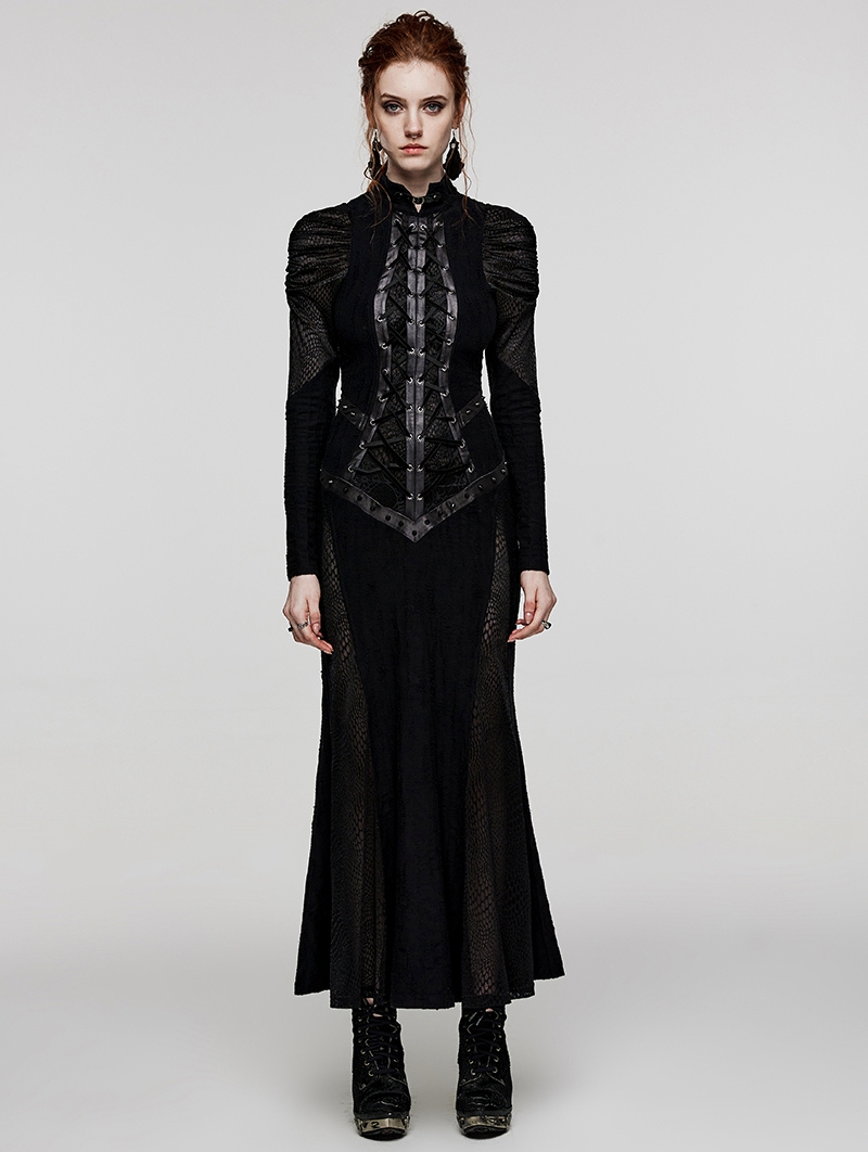 Black Gothic Decadent Sexy Mesh Splicing Long Sleeve Dress