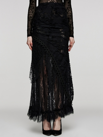 Black Gothic Decadent Ripped Knit Asymmetric Lace Long Skirt