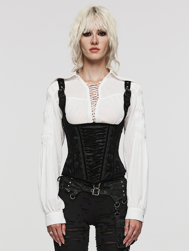 Black Rose-Patterned Gothic Underbust Corset with Straps