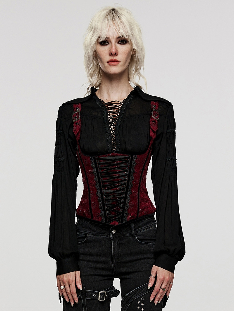 Black and Red Rose-Patterned Gothic Underbust Corset with Straps