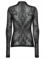 Black Sexy Gothic Flocked Pattern Mesh Long Sleeve T-Shirt for Women