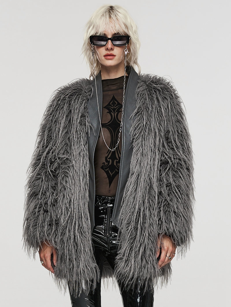 Grey Gothic Fashion Untrimmed Warm Faux Fur Coat for Women