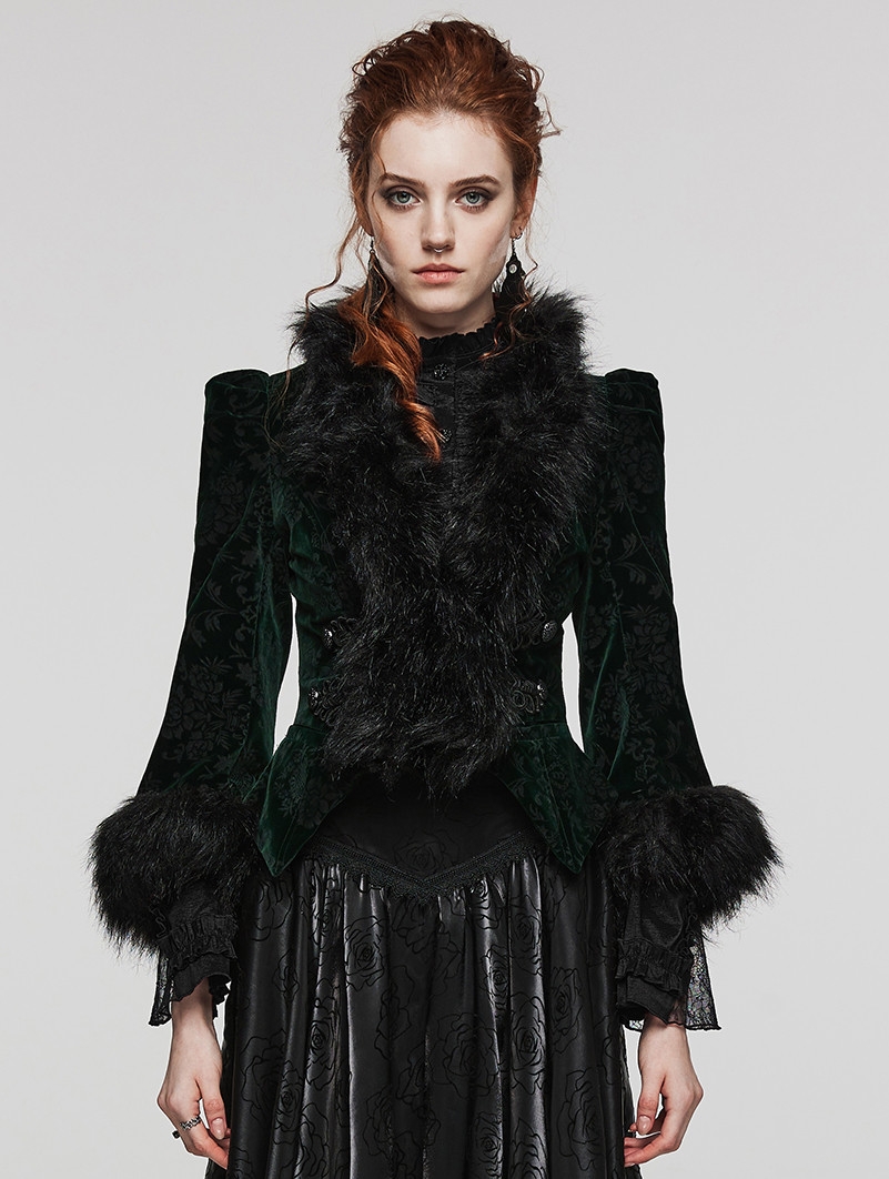 Black and Green Vintage Gothic Fur Trim Embossed Velvet Short Jacket for Women