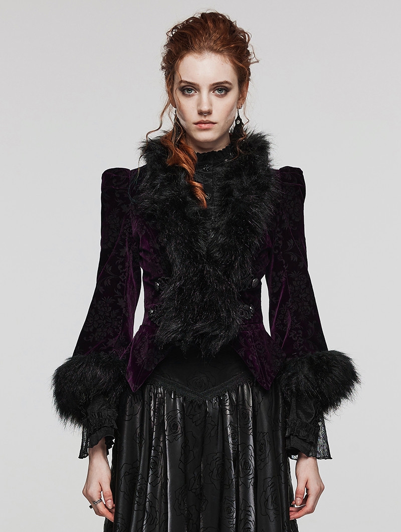 Black and Violet Vintage Gothic Fur Trim Embossed Velvet Short Jacket for Women