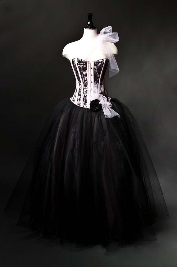 Pink and Black Romantic Gothic Corset Burlesque Prom Gown