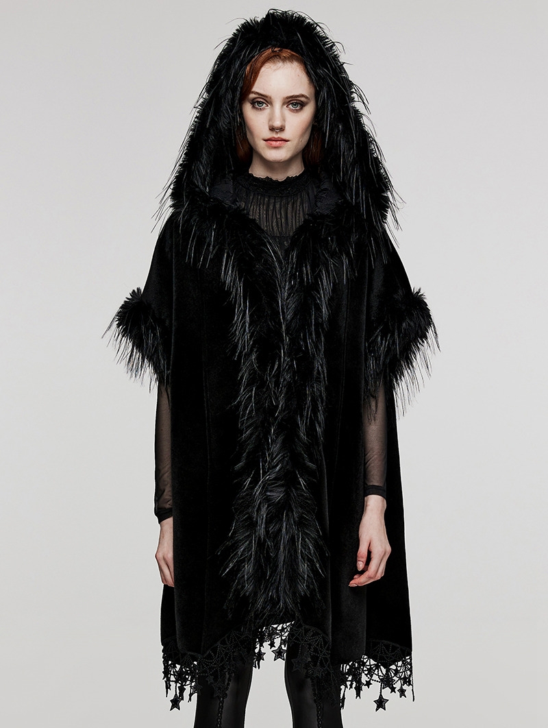 Black Gothic Loose Hooded Bat Sleeves Fur Cloak for Women