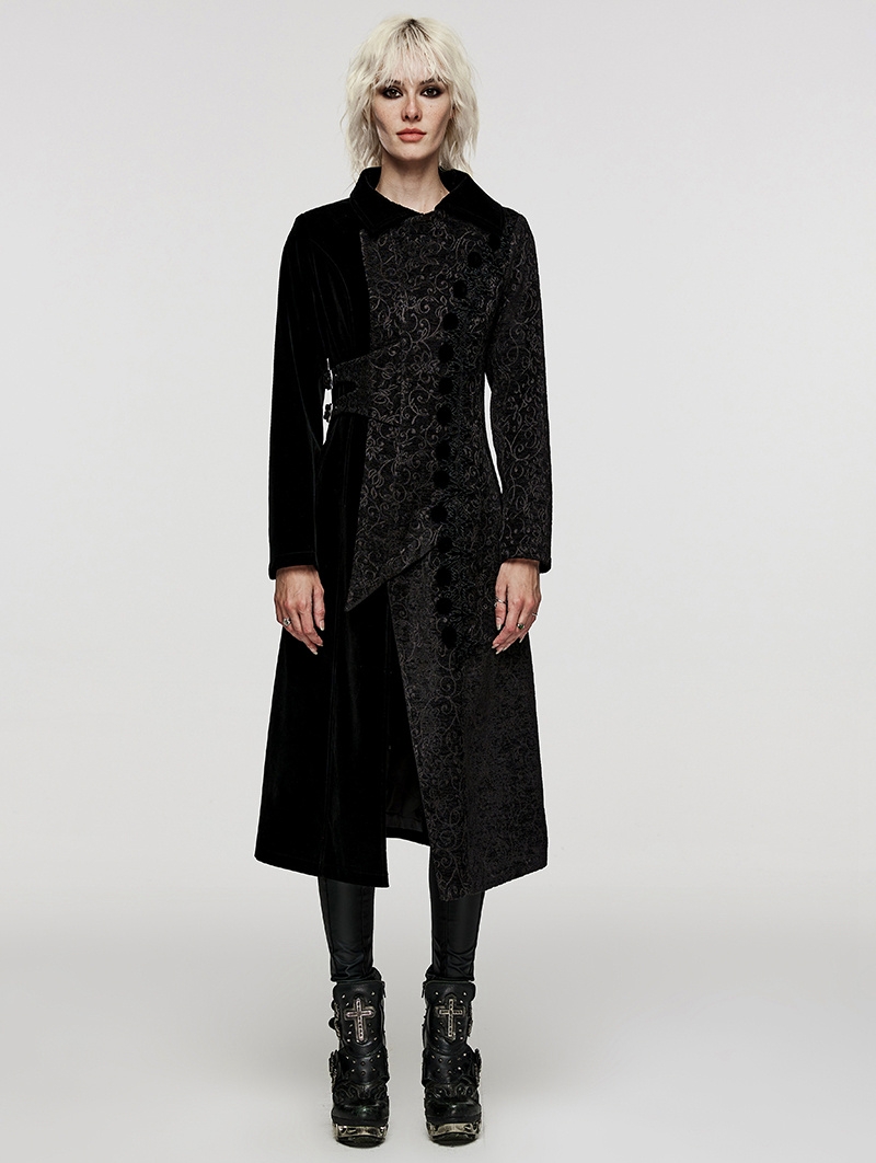 Black Gothic Jacquard Velvet Double Splicing Long Asymmetric Coat for Women