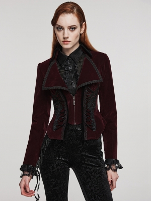 Black and Red Vintage Gothic Velvet Lace Applique Lapel Collar Jacket ...