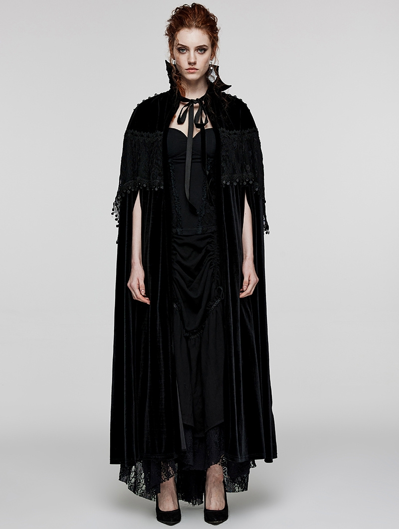 Black Gothic Bat Neck Velvet Long Cloak for Women