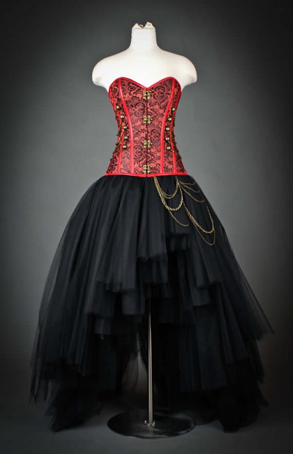 Red and Black Gothic Steampunk Corset High-Low Prom Party Dress