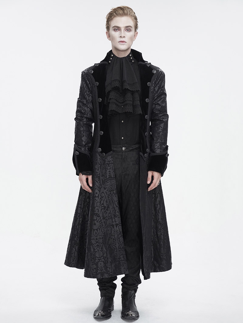 Black Vintage Gothic Dark Pattern Double-Breasted Lapel Long Coat for Men