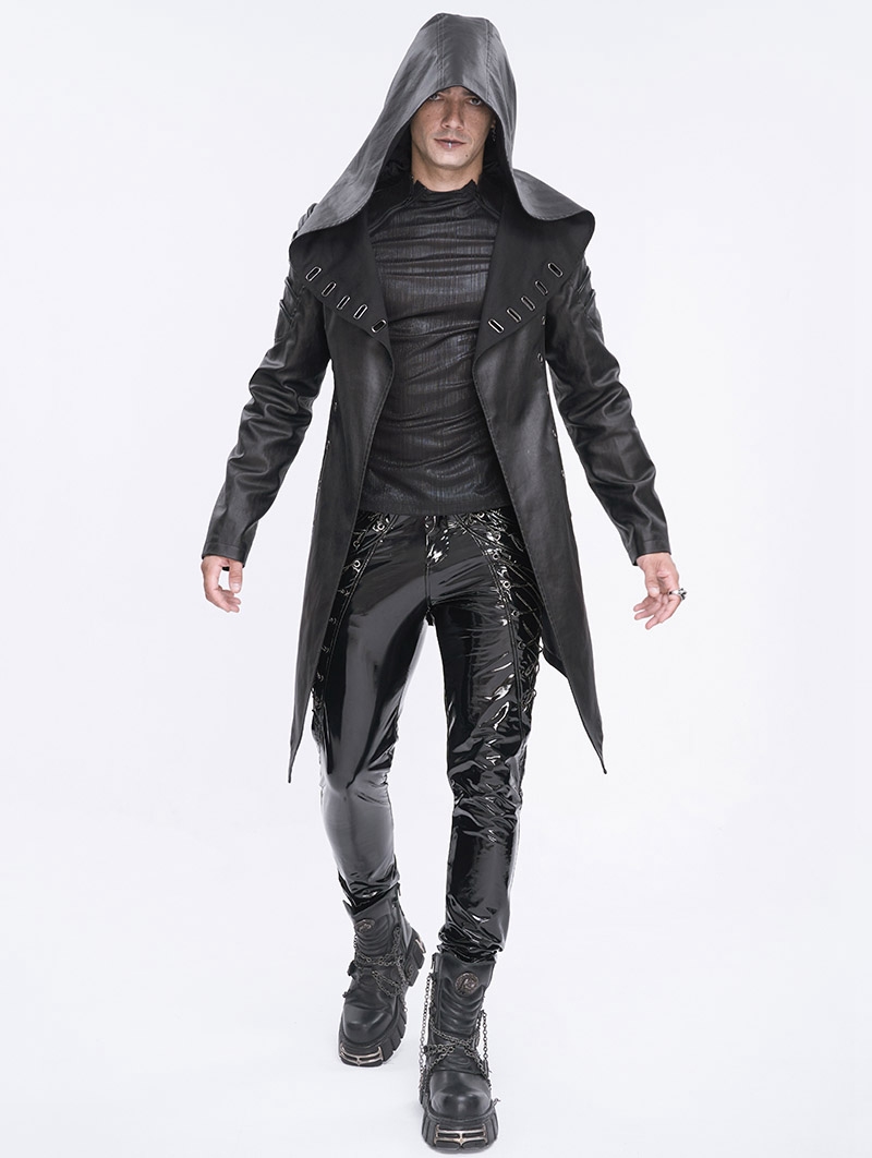 Black Gothic Stylish Punk Eyelets Hooded Jacket for Men