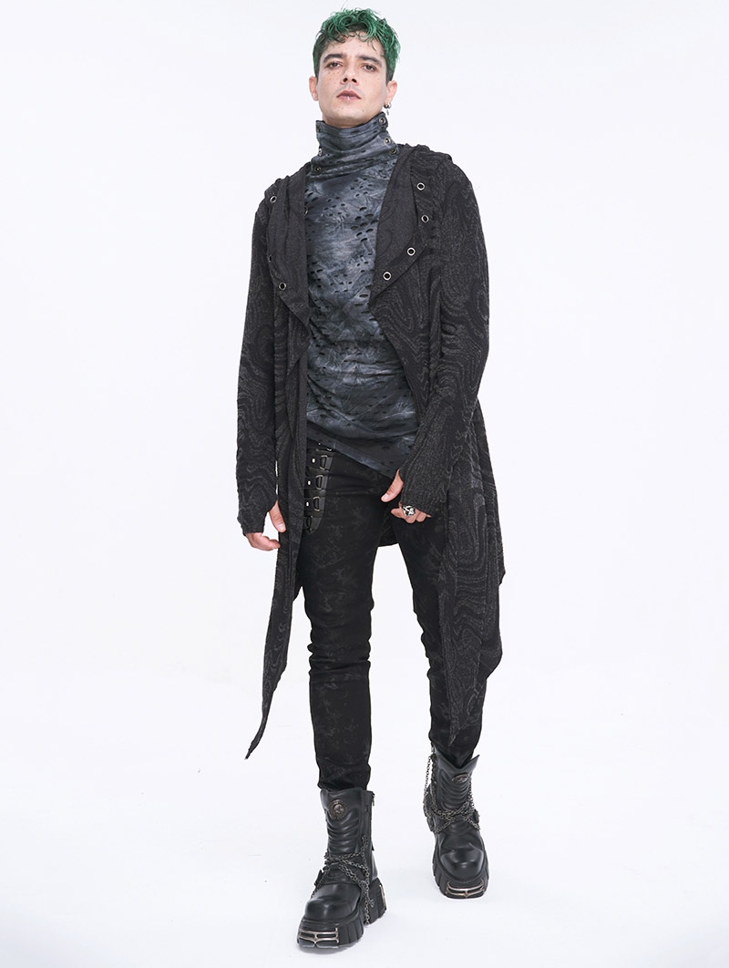 Black Gothic Punk Casual Irregular Print Hooded Cardigan for Men