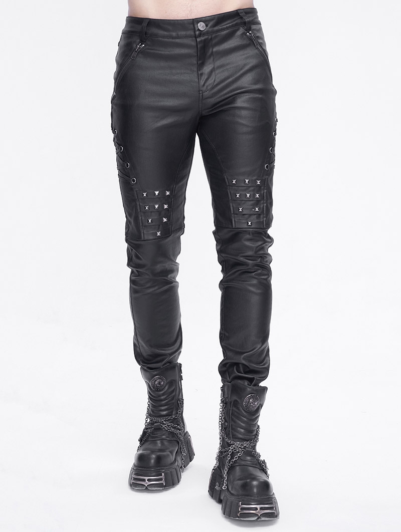 Black Gothic Punk Studded Daily Long Fitted Pants for Men