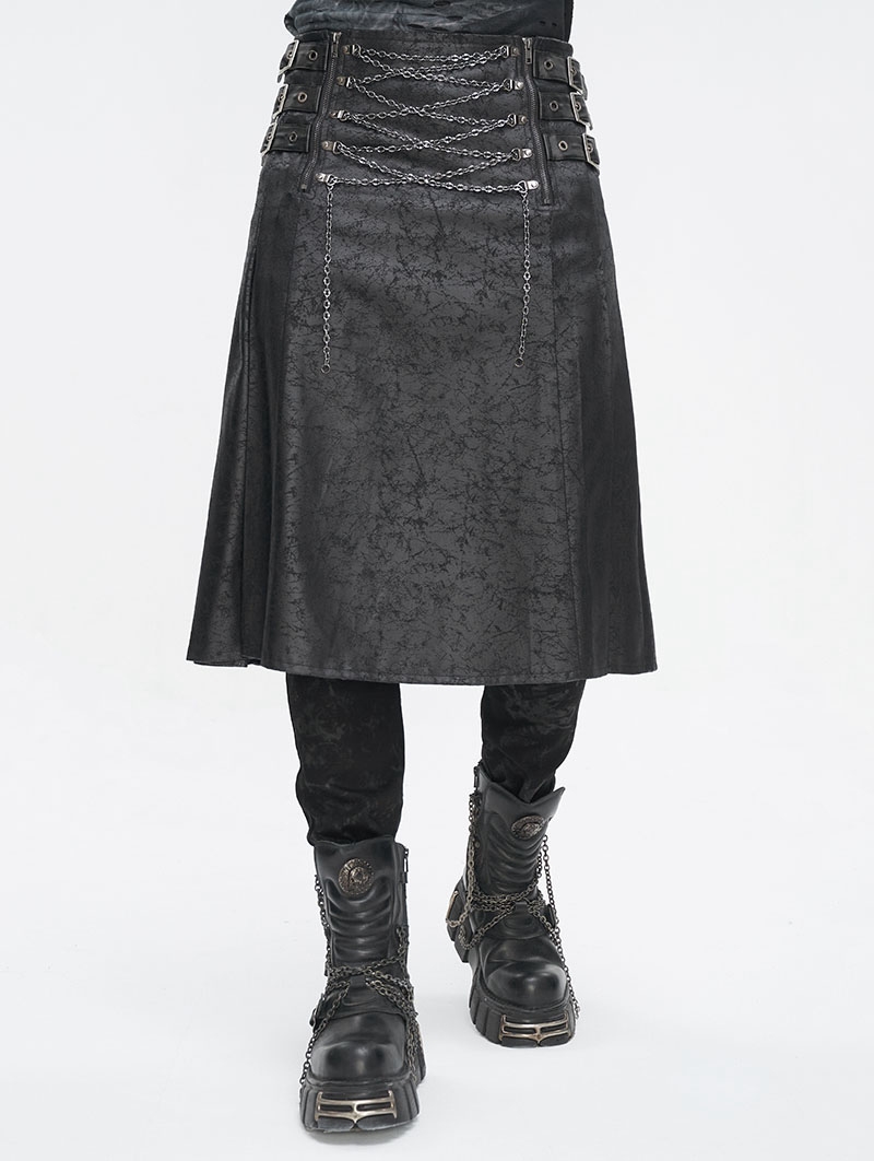 Black Gothic Punk Cross Chain Pleated Skirt for Men