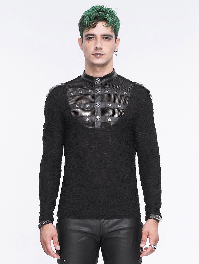 Black Gothic Punk Textured Long Sleeve Knitted T-Shirt for Men