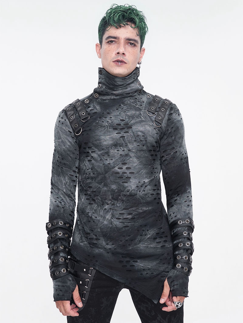 Dark Gothic Punk Tie-Dye Irregular Turtleneck T-Shirt for Men