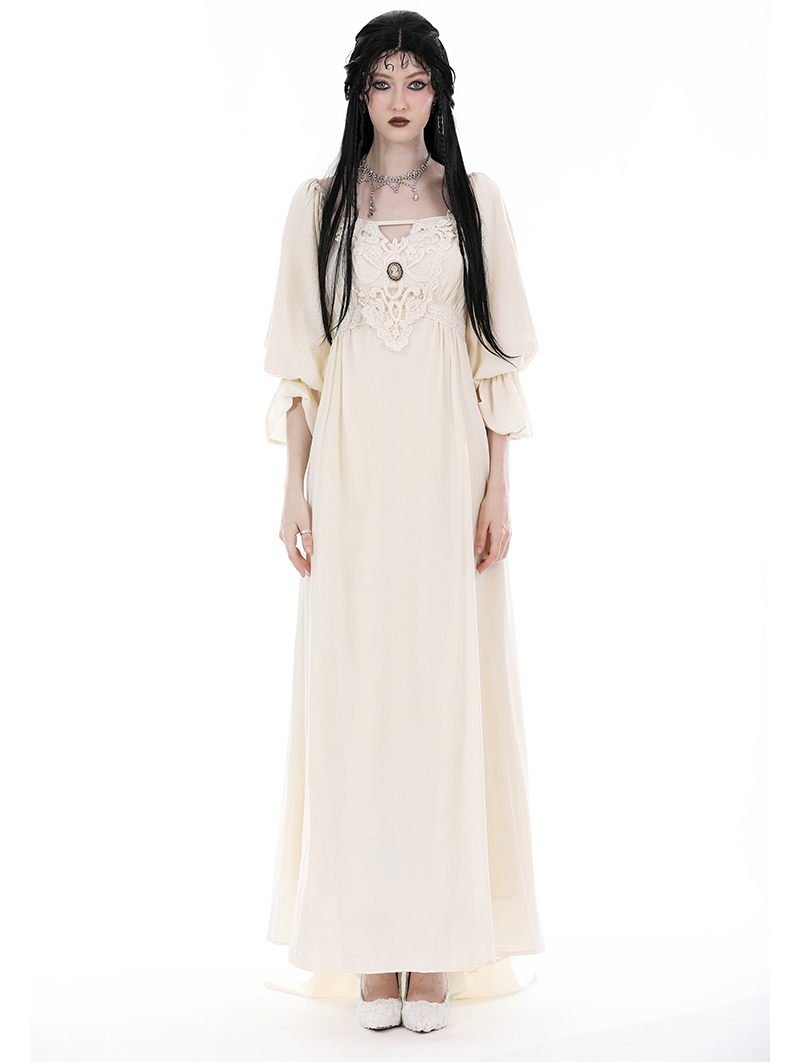 Ivory Vintage Gothic Steampunk Princess Long Puff Sleeve Floor Length Dress