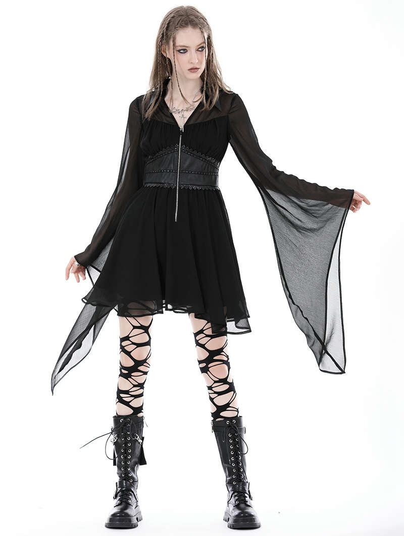 Black Gothic Elegant Fake Two Pieces Mesh Bell Sleeves Dress