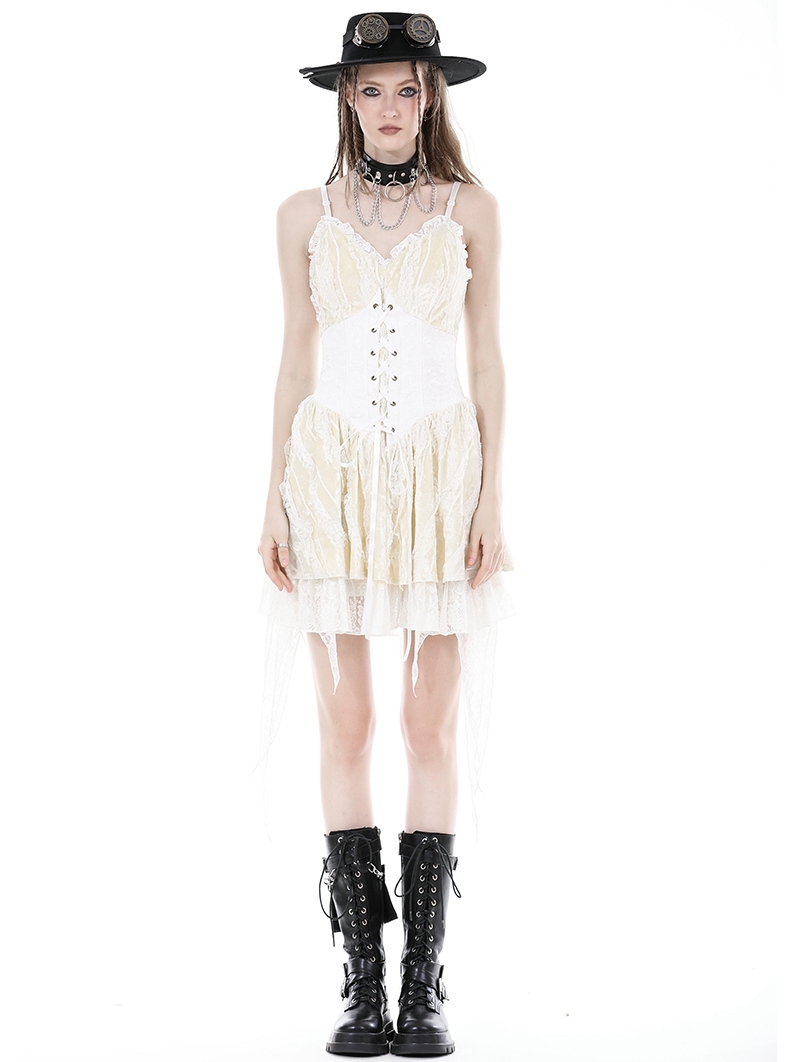 Ivory Gothic Steampunk Girl Frilly Lace Up Velvet Dress