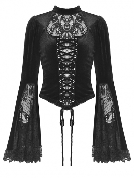 Black Vintage Gothic Lace Bell Sleeve Hollow Out Sexy Velvet Top for ...