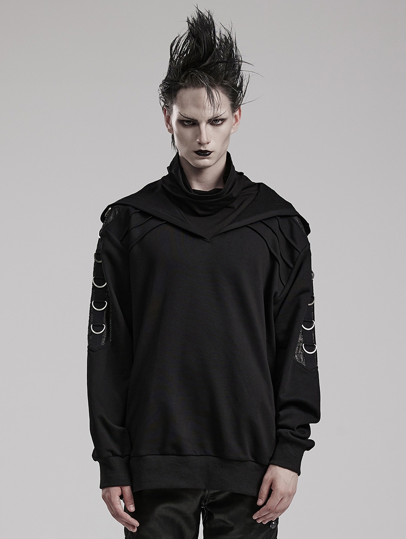 Black Gothic Punk Distinctive Daily Wear Loose Hooded Sweater for Men